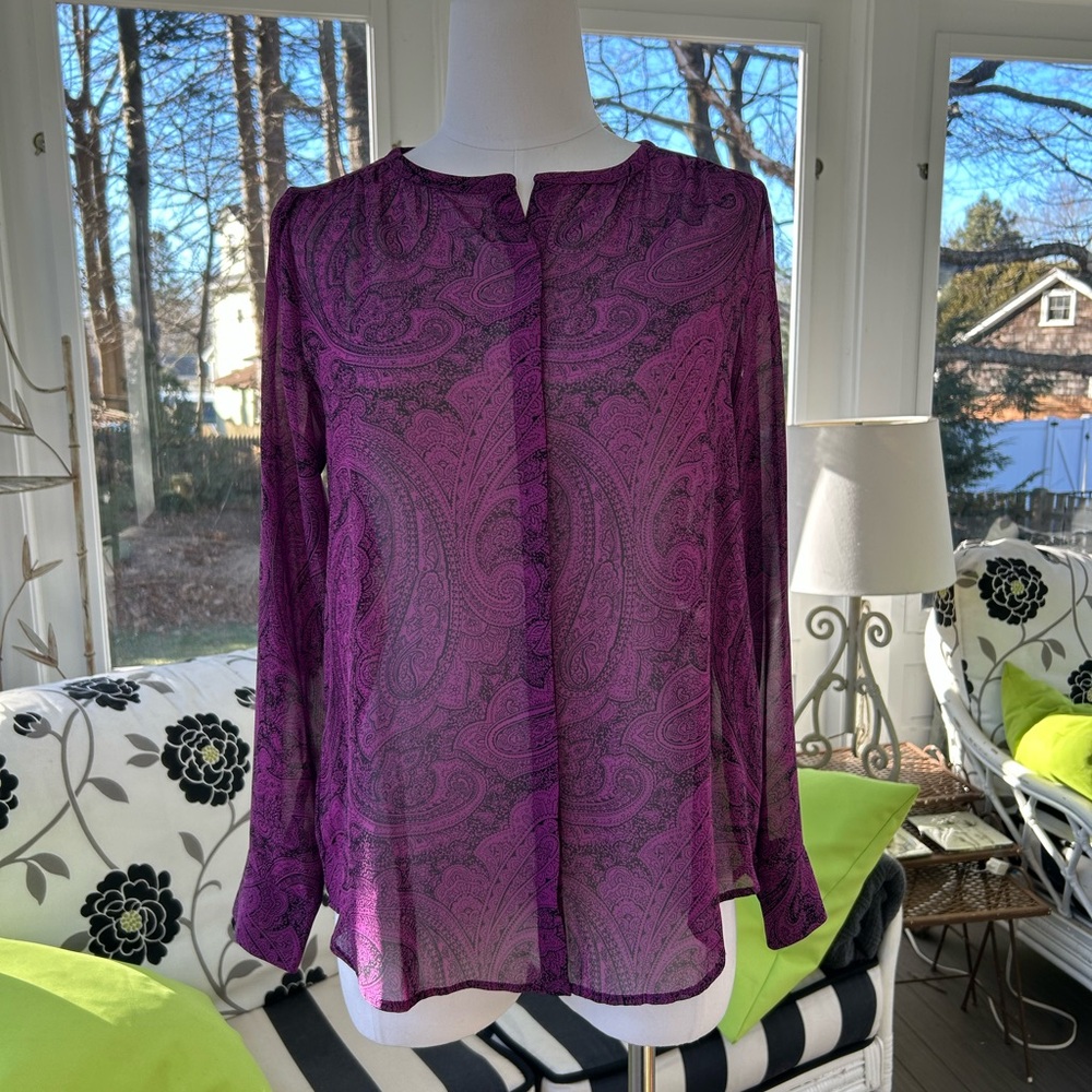 NWT: Ann Taylor Petite Purple & Black Paisley Collarless Button Front Dress Blou